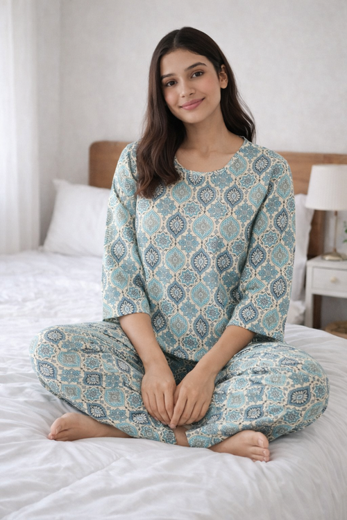 Women’s Cotton Printed Night Suit – Soft Breathable Lounge Wear Set | Natural Fab