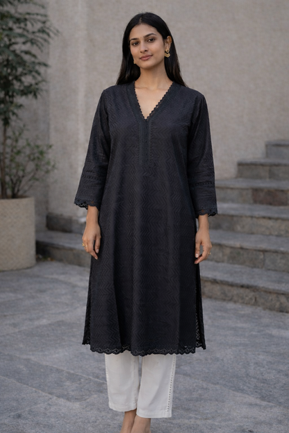 Women’s Black Cotton Kurti with Lace Detailing | Handcrafted Straight Kurta, Soft & Breathable