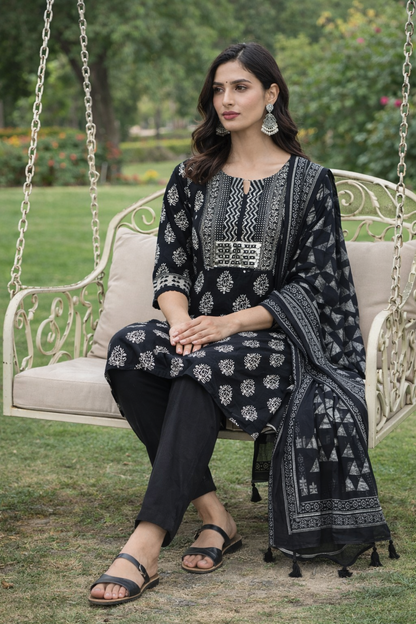 Black Cotton Hand Block Print Kurti Set with Dupatta | Ethnic Printed Kurta Pant Set for Women – Natural Fab