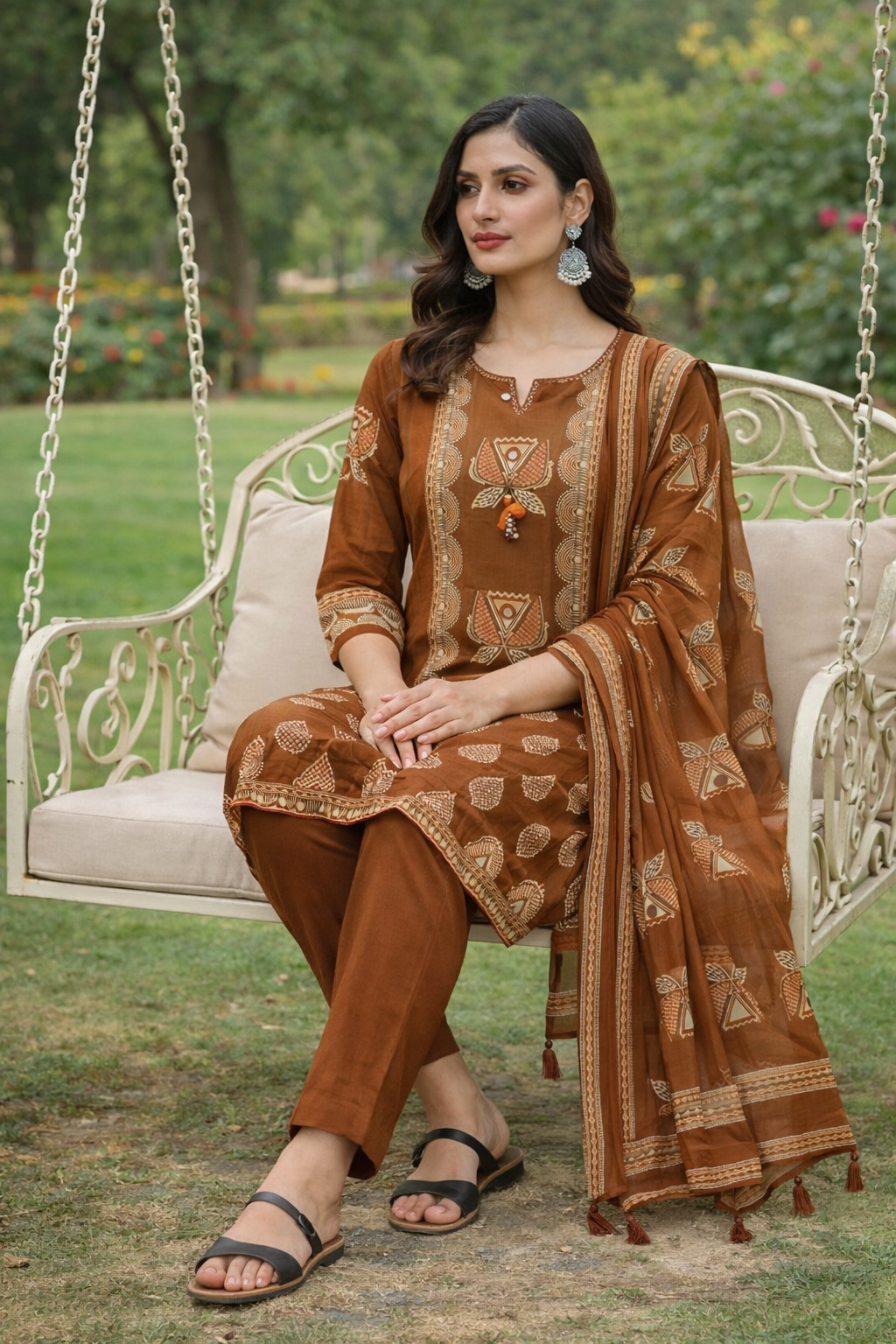 Brown Cotton Hand Block Print Kurti Set with Dupatta | Ethnic Kurta Pant Set for Women – Natural Fab