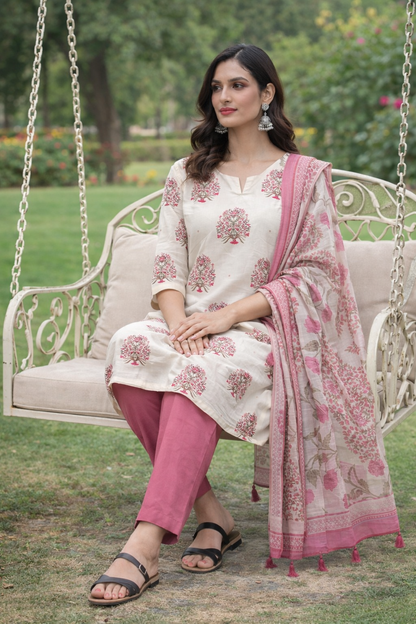 Off White Cotton Hand Block Print Kurti Set with Pink Dupatta | Ethnic Kurta Pant Set for Women – Natural Fab