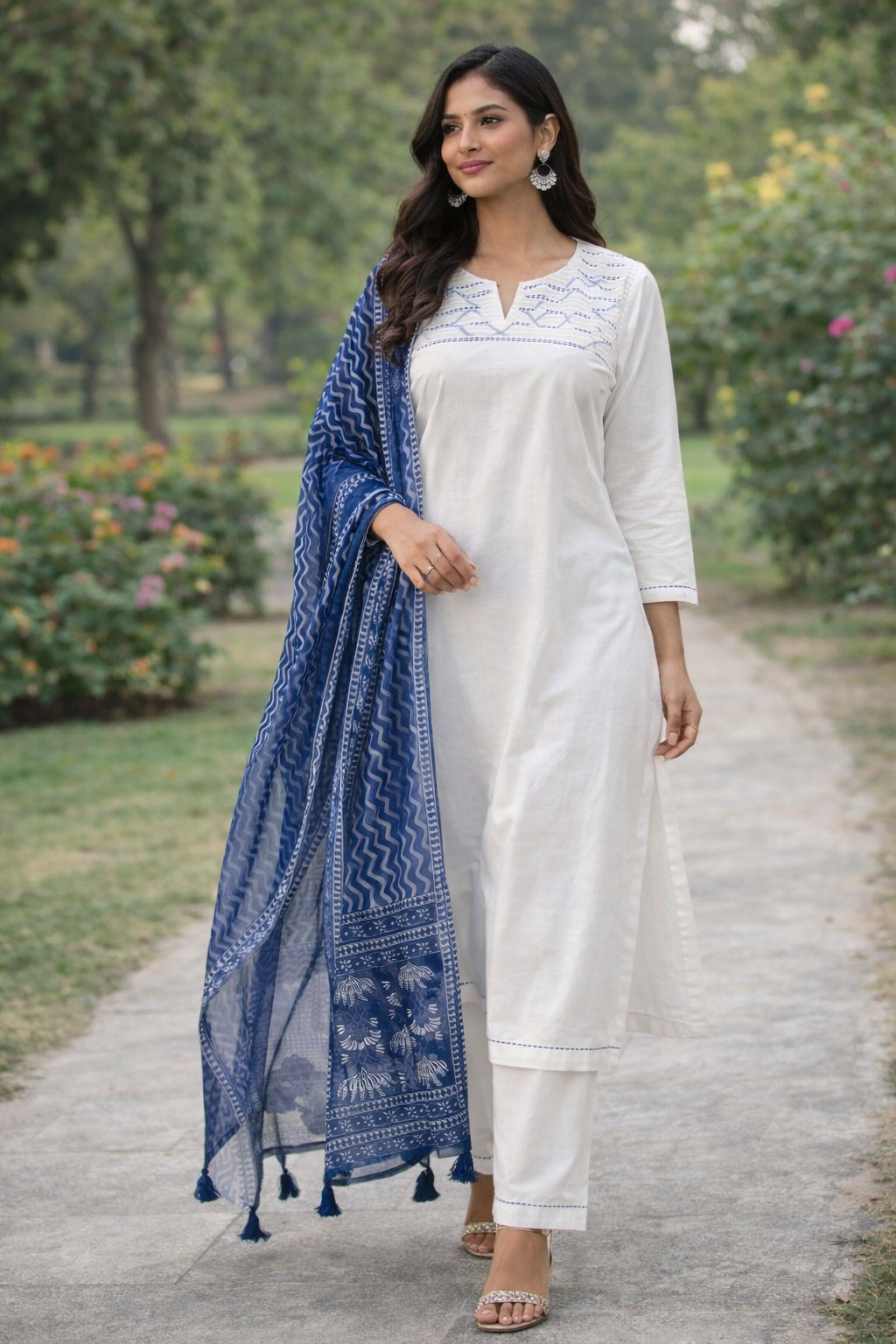 White Embroidered Straight Kurta Set with Pants & Blue Printed Dupatta
