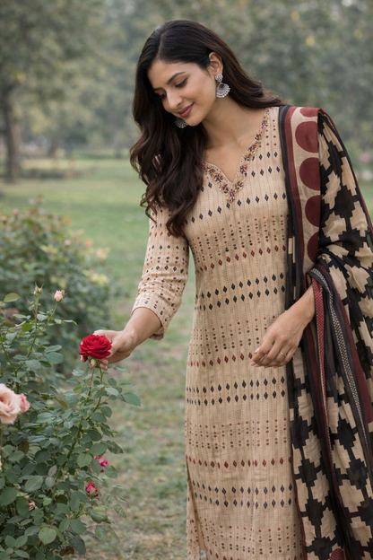 Beige Printed Straight Kurta Set with Pants & Contrast Dupatta