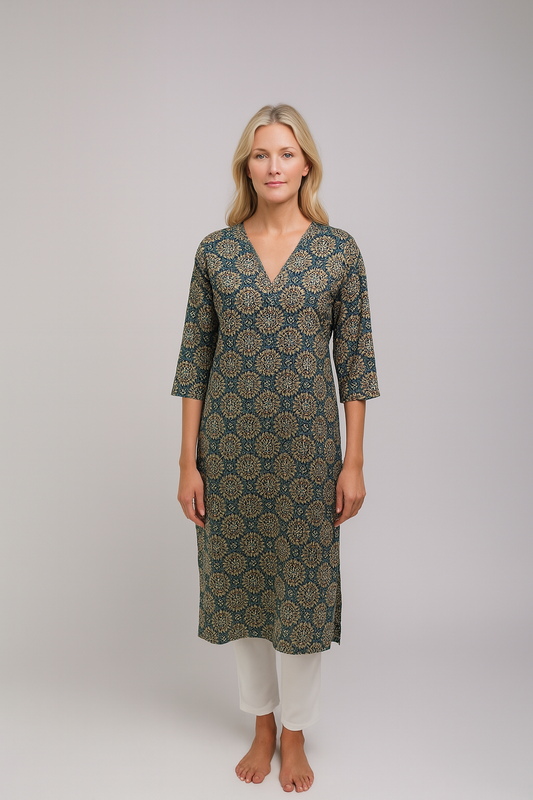 Elegant Handblock Printed Cotton Kurta for Women – Indigo Mandala Pattern | Ethnic V-Neck Kurti