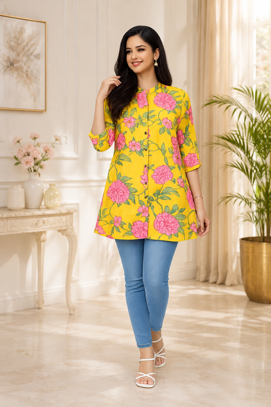 Women Yellow Floral Rayon Short Kurti – Printed Cotton Short Kurta Top for Jeans & Casual Wear
