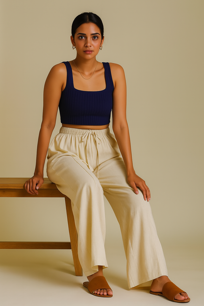 Women’s Beige Cotton Flared Palazzo Pants with Drawstring – Lightweight Summer Bottoms