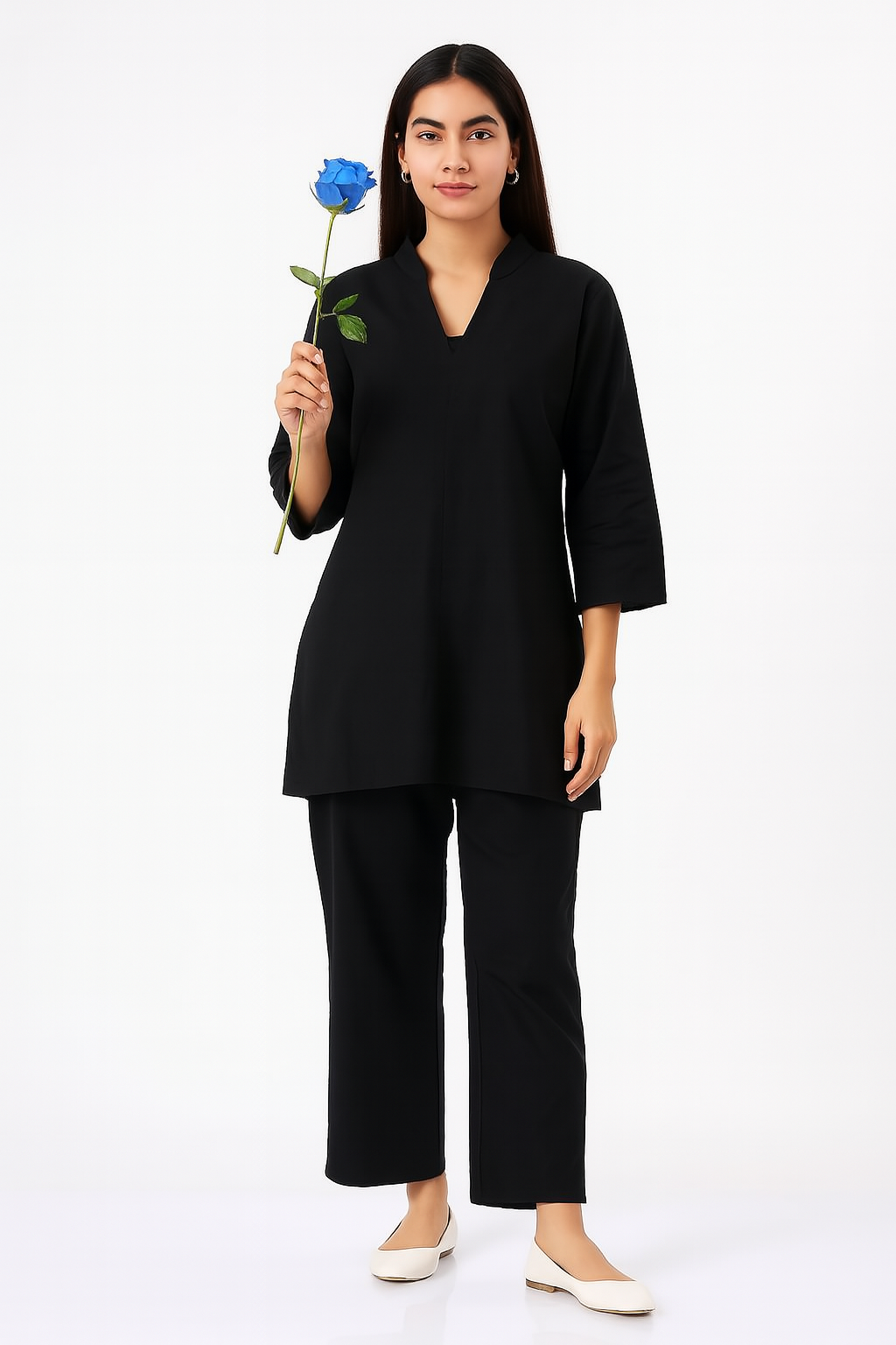 Classic Black Pure Cotton Co-ord Set with V-Neck Kurta and Straight Pants