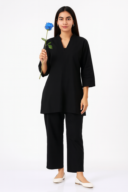 Classic Black Pure Cotton Co-ord Set with V-Neck Kurta and Straight Pants