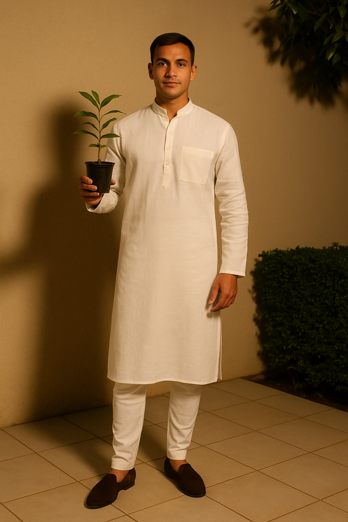 White Khadi Cotton Kurta for Men | Handwoven Ethnic Long Kurta with Pocket