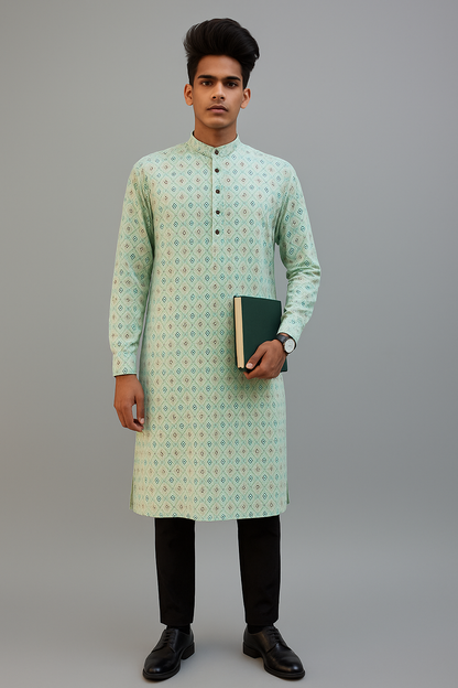 Elegant Mint Green Printed Cotton Kurta