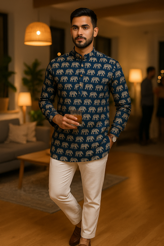 Men's Short Kurta with Elephant Print – Navy Blue