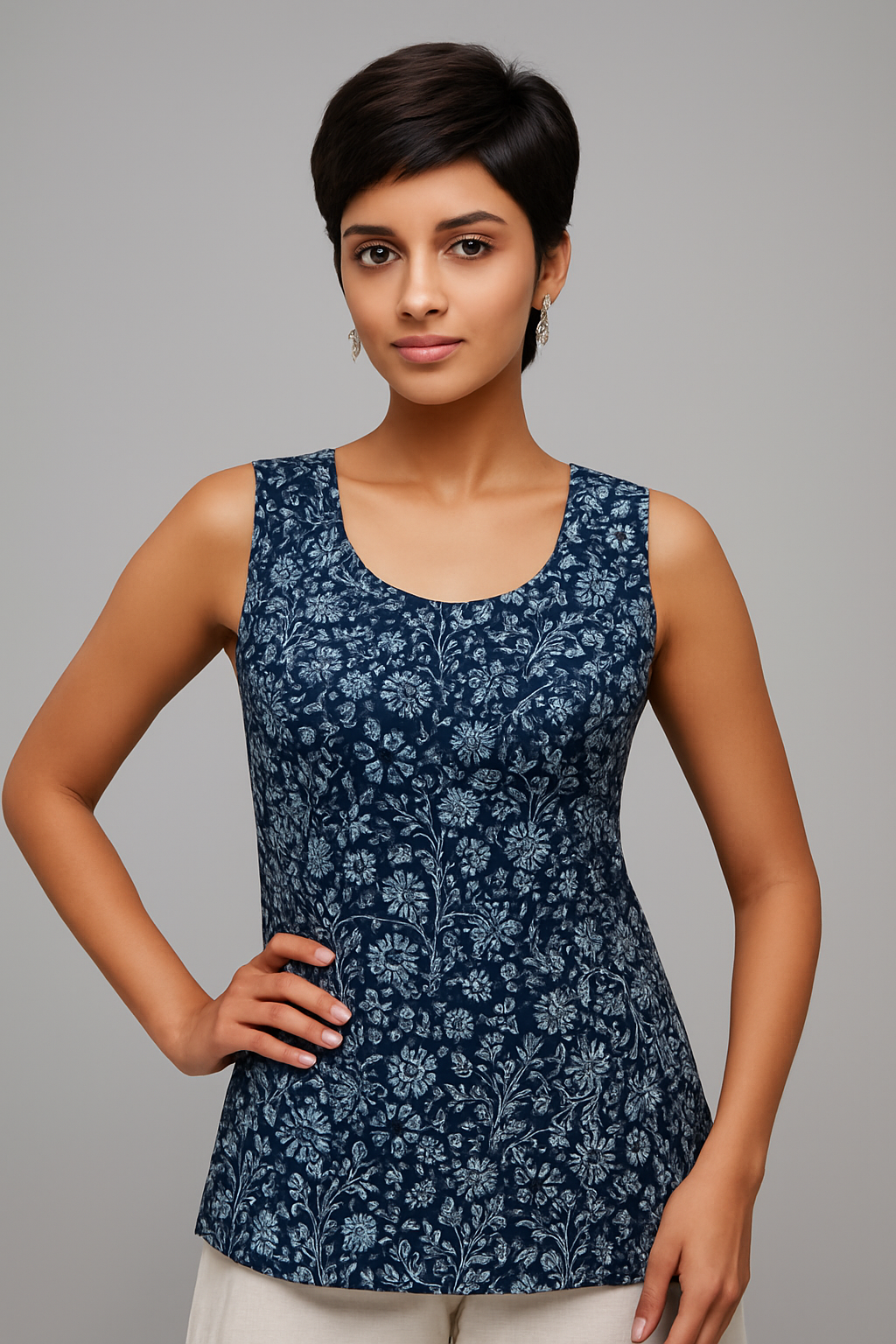 Navy Blue Sleeveless Floral Printed Cotton Kurti
