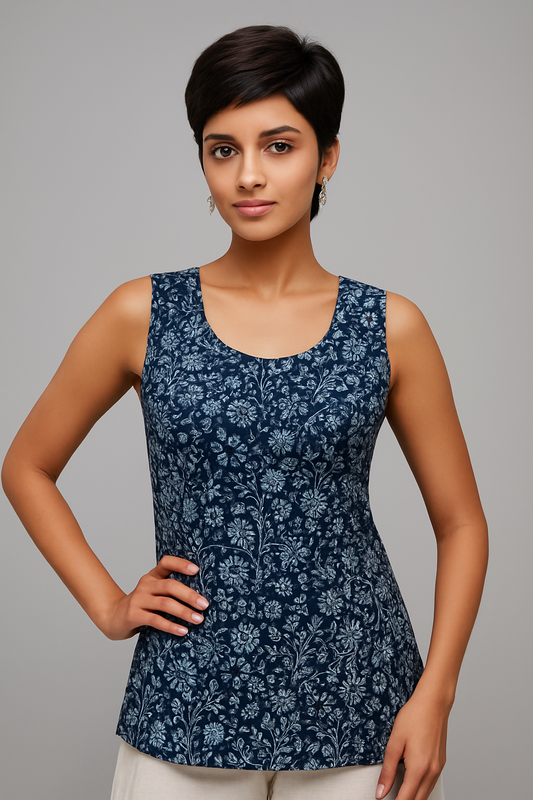 Navy Blue Sleeveless Floral Printed Cotton Kurti
