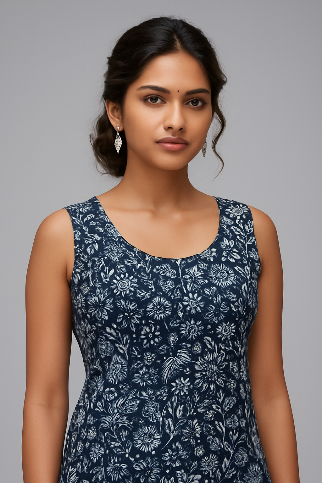 Navy Blue Sleeveless Floral Printed Cotton Kurti