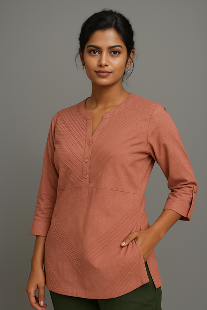 Peach Textured Cotton Short Kurti – Subtle Elegance for Everyday Wear