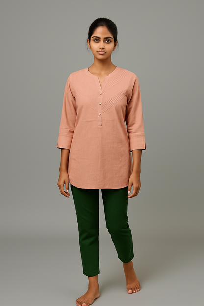 Peach Textured Cotton Short Kurti – Subtle Elegance for Everyday Wear