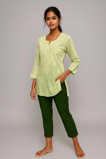 Lime Green Chikankari Short Kurti – Elegant Everyday Charm