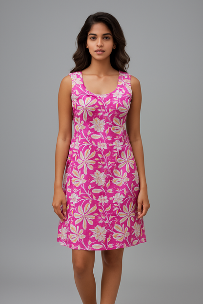 Pink Sleeveless Floral Embroidered Cotton Kurti