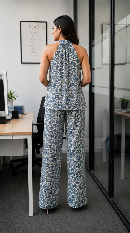 Women Cotton Halter Neck Co-Ord Set | Floral Printed Sleeveless Top & Pants Set | Stylish Summer Co Ord for Women
