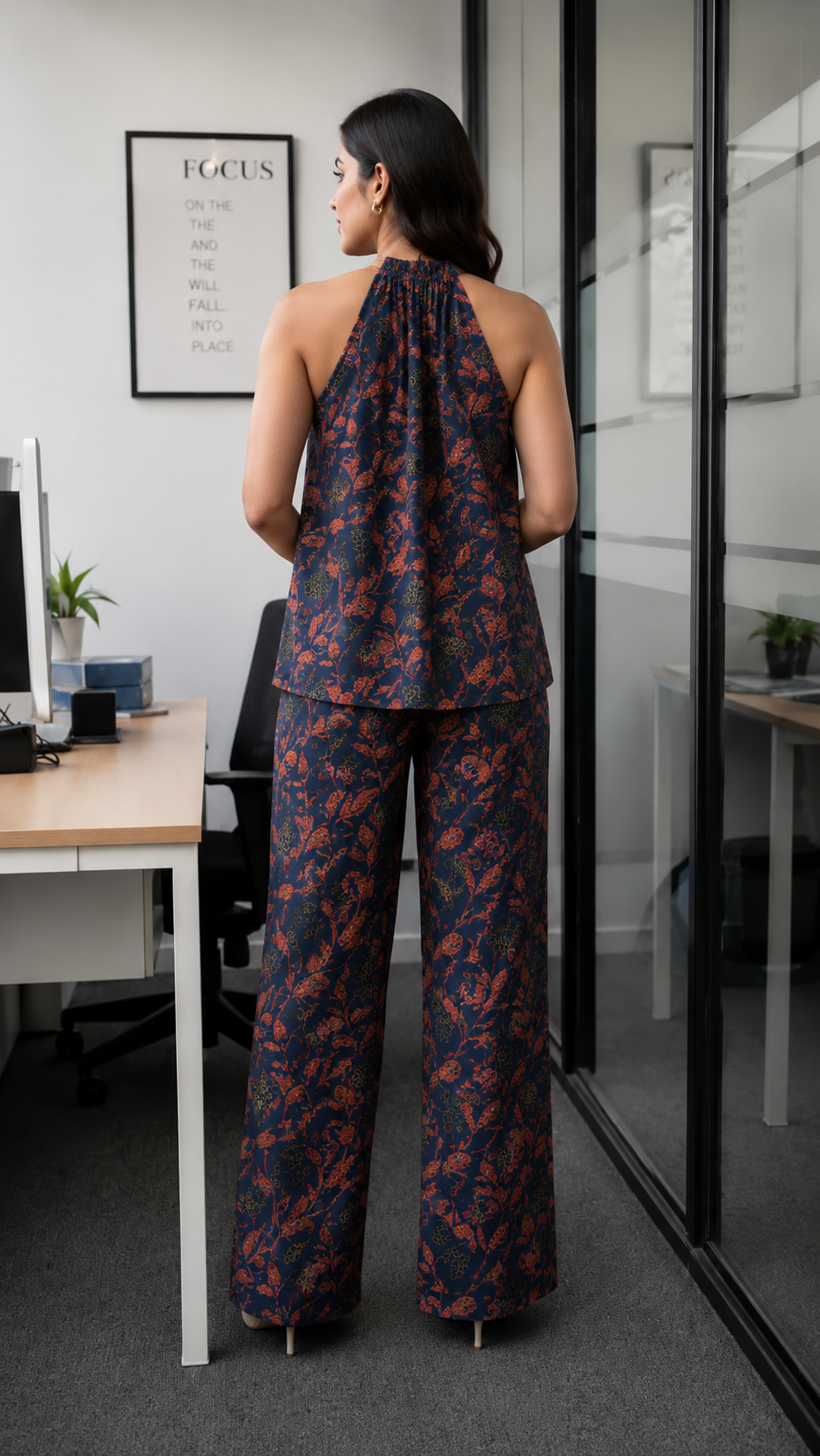Women Navy Blue Floral Printed Halter Neck Co-Ord Set | Sleeveless Top & Pants Set | Stylish Cotton Summer Outfit