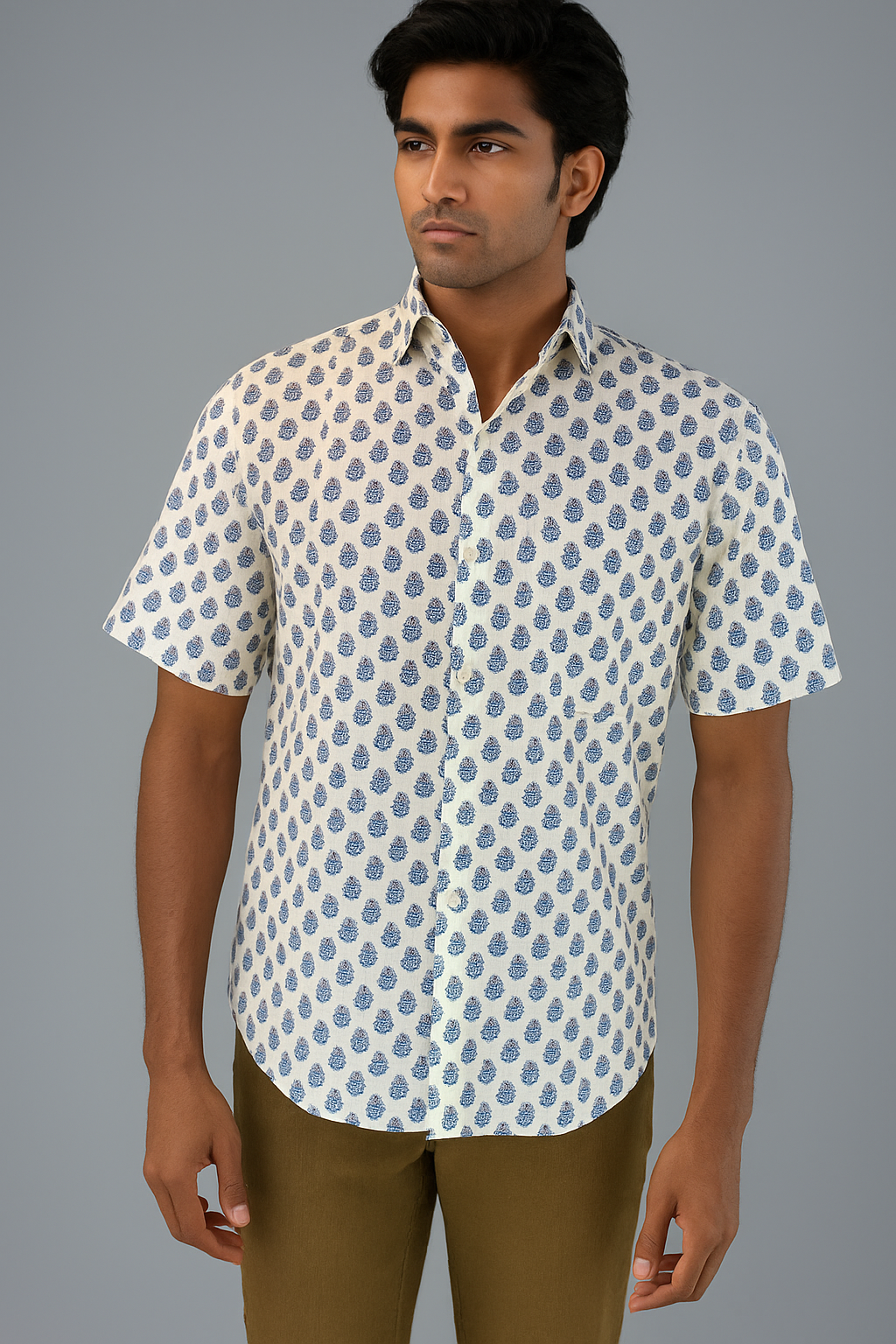 Men’s White Printed Cotton Shirt – Casual Short Sleeve with Blue Floral Motif