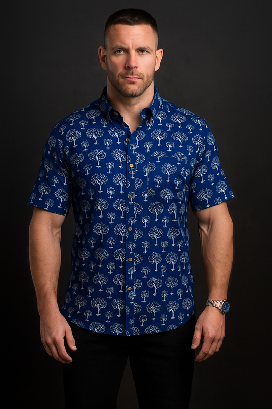 Navy Blue Hand-Block Printed Men's Casual Shirt