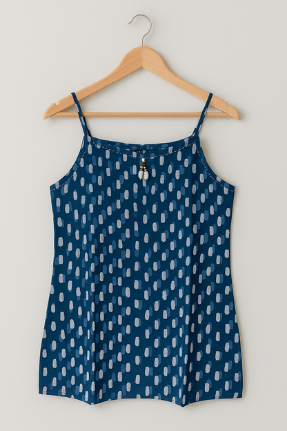 Blue Cotton Sleeveless Kurti for Women – Hand Block Printed Short Tunic with Dotted Pattern