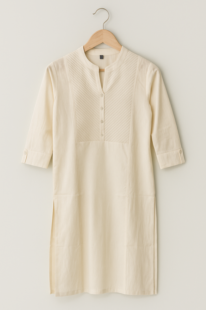Women's Cream Cotton Kurti – Elegant Solid Straight Kurta with Pintuck Yoke