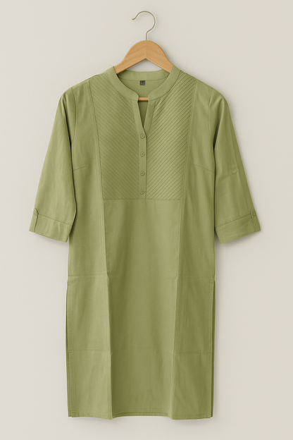 Women's Light Green Cotton Kurti – Solid Straight Fit Kurta with Pintuck Yoke Design