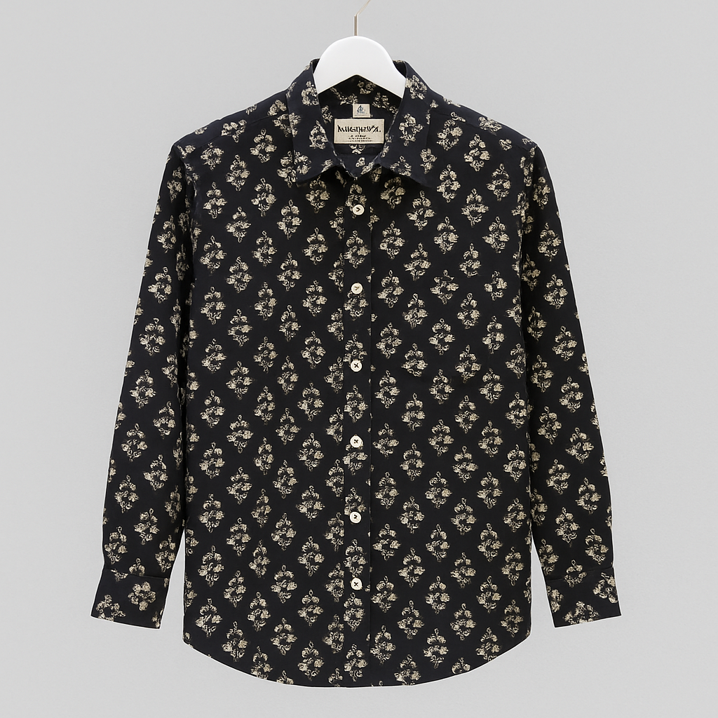 Natural Fab Women's Handblock Printed Cotton Shirt – Elegant Black Floral | Comfortable & Stylish