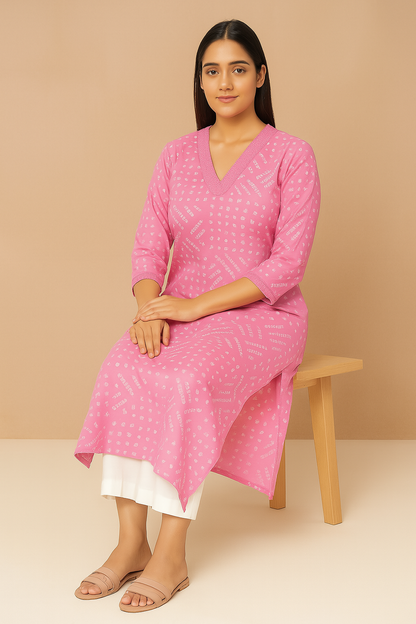 Pink Bandhani Print Cotton Kurta Set for Women – Elegant Ethnic Wear for Everyday Comfort