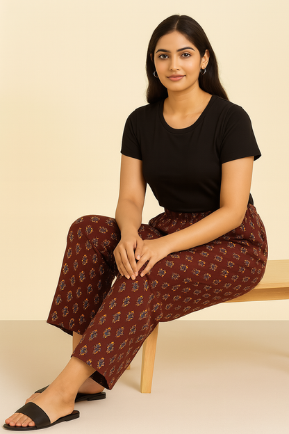Women's Ethnic Printed Cotton Straight-Fit Pants – Maroon