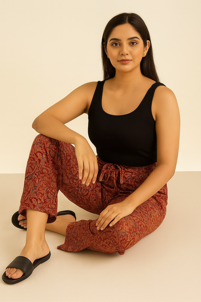 Women’s Red & Mustard Handblock Cotton Straight Pants – Ethnic Floral Print Bottomwear