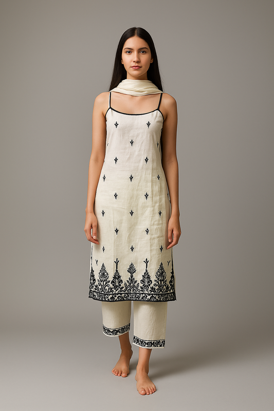White and Black Embroidered Kurti Set with Dupatta