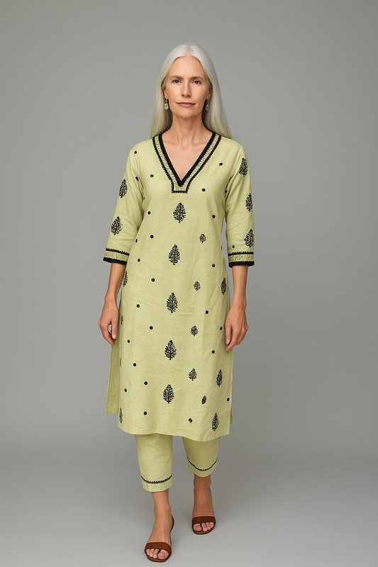 Lemon Yellow Embroidered Kurta Set for Women – V-Neck Cotton Kurti with Pant | Festive & Daily Wear