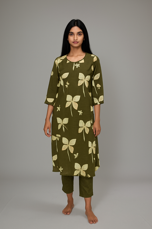 Olive Green Floral Printed Cotton Kurta Set for Women – 3/4 Sleeve Straight Kurta with Pants