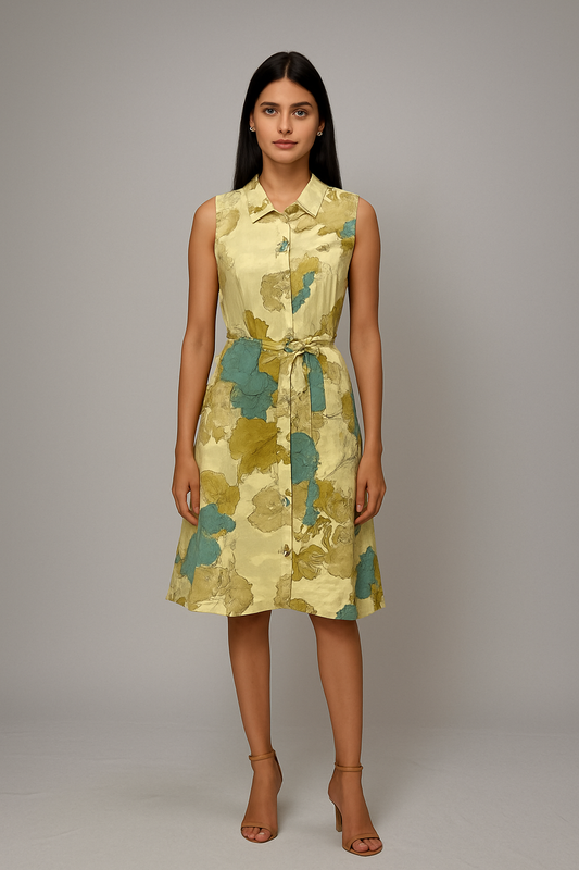 Women's Sleeveless Floral Shirt Dress in Satin Finish – Summer Casual Knee-Length Dress with Belt