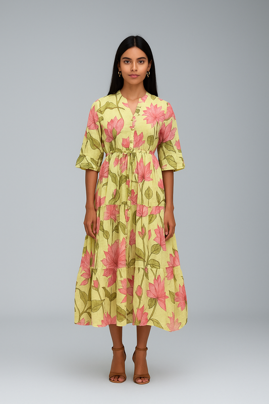 Lotus Bloom Anarkali Cotton Maxi Dress – Handblock Elegance in Pink & Olive