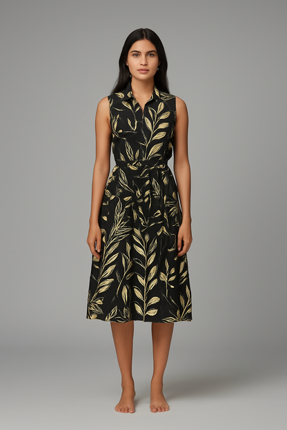 Midnight Flora Cotton Midi Dress – Sleeveless Black & Beige Elegance
