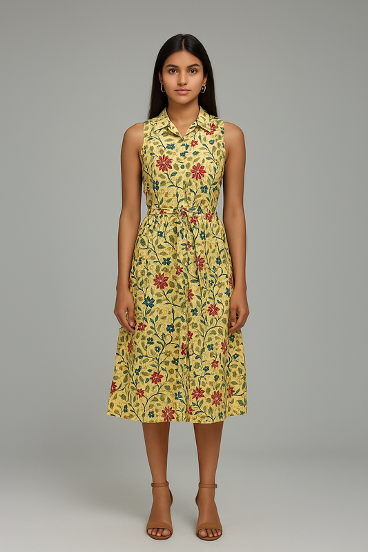 Sunlit Bloom Handblock Cotton Midi Dress – Sleeveless Elegance