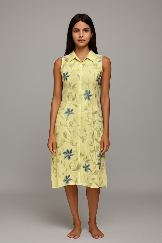 Sleeveless Floral Collared Midi Dress – Lemon Yellow