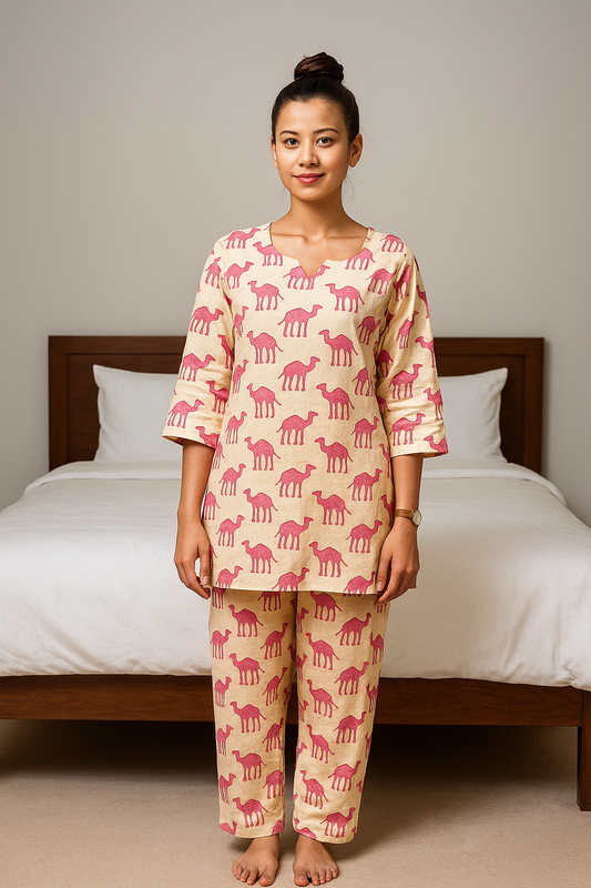 Pink Camel Printed Cotton Lounge Set for Women