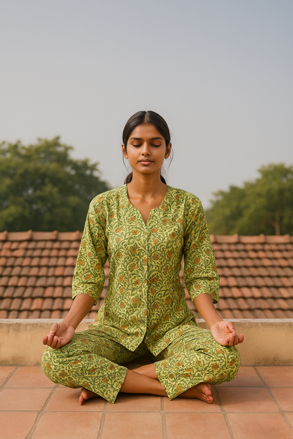 Gulmohar Garden Handblock Printed Cotton Night suit