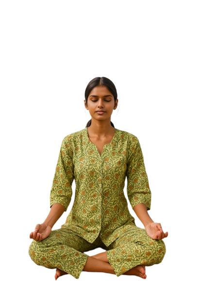 Gulmohar Garden Handblock Printed Cotton Night suit