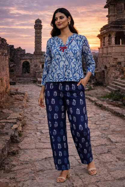 Women’s Indigo Dabu Hand Block Printed Cotton Co-Ord Set – 3/4 Sleeve Top & Straight Pants Ethnic Casual Outfit