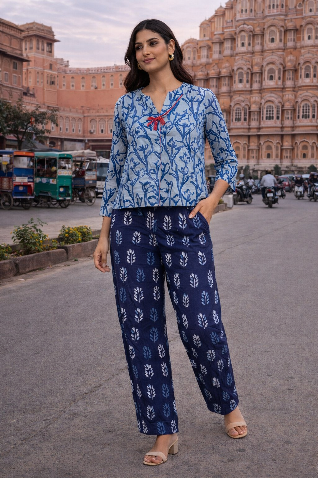 Women’s Indigo Dabu Hand Block Printed Cotton Co-Ord Set – 3/4 Sleeve Top & Straight Pants Ethnic Casual Outfit