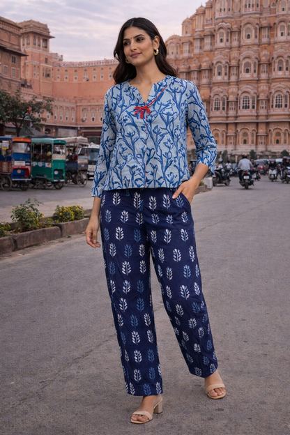 Women’s Indigo Dabu Hand Block Printed Cotton Co-Ord Set – 3/4 Sleeve Top & Straight Pants Ethnic Casual Outfit