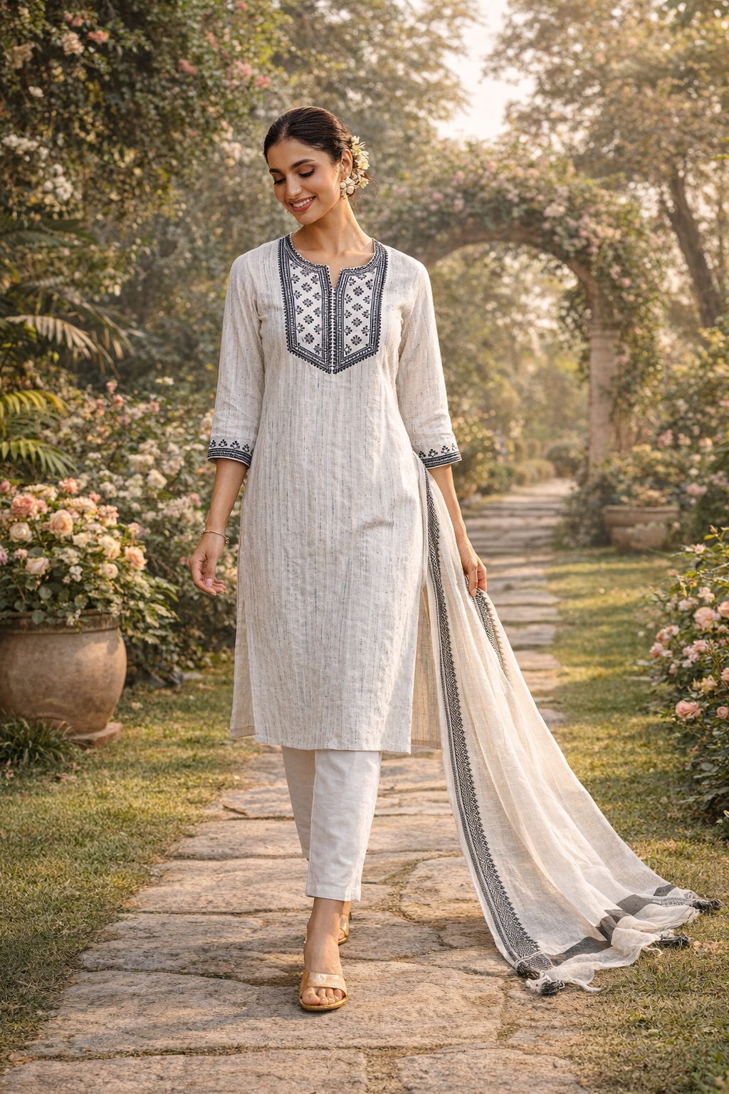 Women’s Khadi Cotton Kurti Pant Dupatta Set – Handwoven Ethnic Kurta Set with Embroidered Neck, Breathable Cotton Traditional Outfit