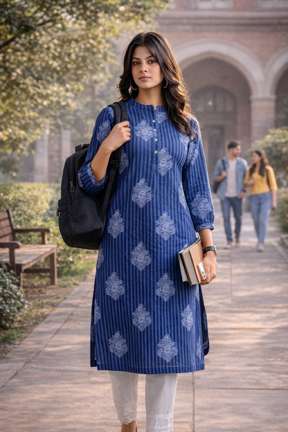 Women’s Indigo Printed Cotton Kurti | Elegant Straight Fit Ethnic Kurta | Traditional Indian Casual Kurti for Office, Daily Wear & Festive Styling