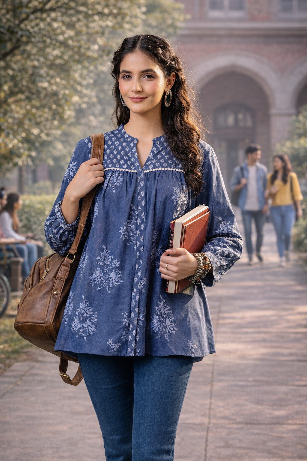 Women’s Indigo Printed Cotton Top | Ethnic Inspired Long Sleeve Casual Tunic Top | Stylish Indian Fusion Wear for Office & Daily Wear